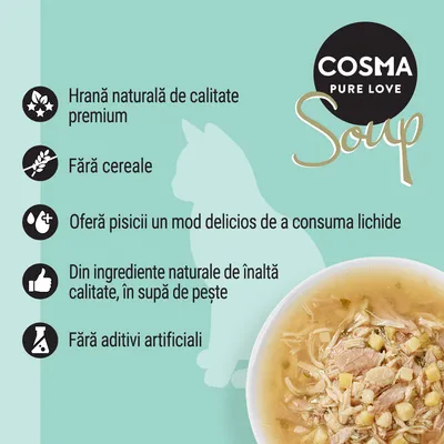 COSMA PURE LOVE Soup. Hrană naturală de calitate premium, fără cereale, oferă pisicii un mod delicios de a consuma lichide, din ingrediente naturale în supă de pește, fără aditivi artificiali.