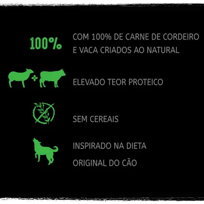Com 100% de carne de cordeiro e vaca criados ao natural, elevado teor proteico, sem cereais, inspirado na dieta original do cão.