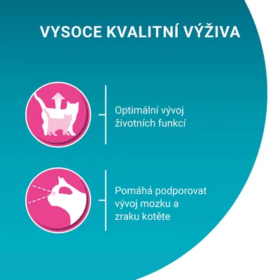 VYSOCE KVALITNÍ VÝŽIVA. Optimální vývoj životních funkcí. Pomáhá podporovat vývoj mozku a zraku kotěte.