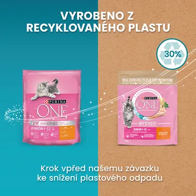 Purina ONE Bifensis Junior 1–12 krmivo pre mačiatka, balenie s obrázkom mačky. Text: Vyrobené z recyklovaného plastu, 30 %. Text v češtine a nemčine.