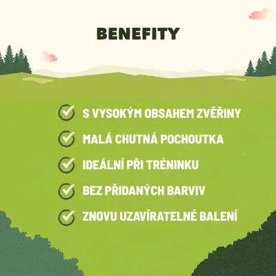 Text v češtine: Benefity – s vysokým obsahem zvěřiny, malá chutná pochoutka, ideální při tréninku, bez přidaných barviv, znovu uzavíratelné balení.