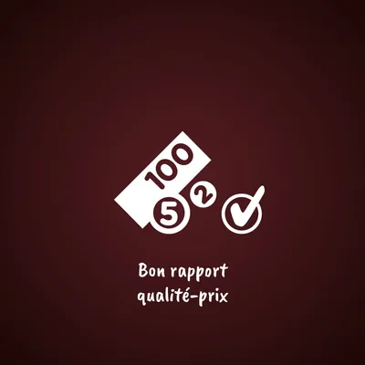Texte : Bon rapport qualité-prix, avec icônes billet 100, pièces 5 et 2, et coche dans un cercle. Indique une offre avantageuse visible sur l’image.