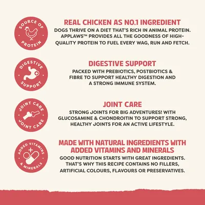 Applaws: äkta kyckling som huvudingrediens, stöd för matsmältningen med pre- och postbiotika, ledvård med glukosamin och kondroitin, naturliga ingredienser med vitaminer och mineraler.