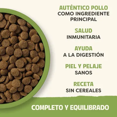Auténtico pollo como ingrediente principal, salud inmunitaria, ayuda a la digestión, piel y pelaje sanos, receta sin cereales, completo y equilibrado. Auténtico pollo como ingrediente principal, salud inmunitaria, ayuda a la digestión, piel y pelaje sanos, receta sin cereales, completo y equilibrado.
