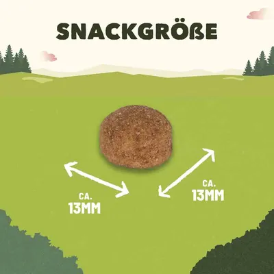 Veličina grickalice: okrugli komad promjera oko 13 mm, prikazan na zelenoj podlozi.