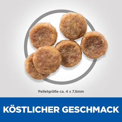 Runde Pellets mit köstlichem Geschmack, Pelletgrösse ca. 4 x 7,5 mm.