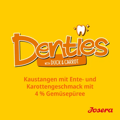 Denties Kaustangen mit Enten- und Karottengeschmack, enthält 4 % Gemüsepüree. Marke: Josera.