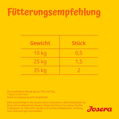 Fütterungsempfehlung: Gewicht 10kg, 0,5 Stück; 25kg, 1,5 Stück; 35kg, 2 Stück. Snack als Ergänzung zum Hauptfutter. Josera Logo unten rechts.