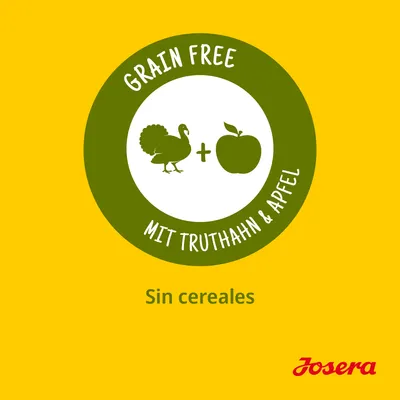Grain Free mit Truthahn & Apfel, Sin cereales, Josera. Texto en alemán e inglés sobre fondo amarillo con iconos de pavo y manzana.