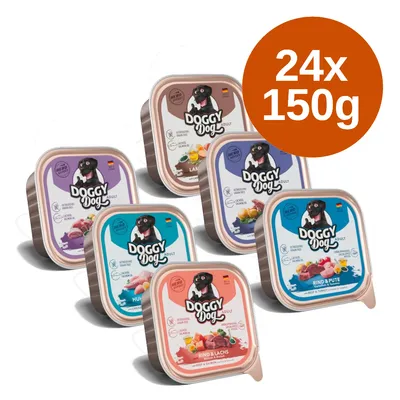 Doggy Dog влажный корм для собак, 24x150 г, разные виды: ягненок, курица, говядина и лосось, говядина и индейка. Сделано в Германии.