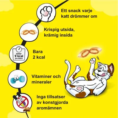 Ett snack varje katt drömmer om. Krispig utsida, krämig insida. Bara 2 kcal. Vitaminer och mineraler. Inga tillsatser av konstgjorda aromämnen.