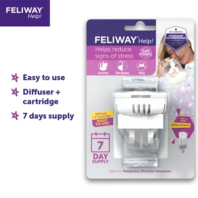 Feliway Help diffuser and cartridge pack, helps reduce signs of stress such as scratching, urine spraying, hiding. Easy to use, 7 day supply, includes free extra cartridge offer.