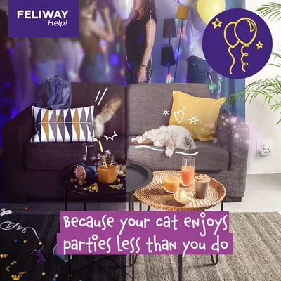 FELIWAY Help! Because your cat enjoys parties less than you do. Image shows a relaxed cat on a sofa during a party, highlighting stress relief for cats in social situations.