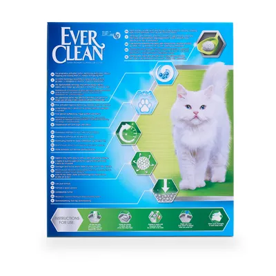 Συσκευασία Ever Clean με λευκή γάτα, αγγλικό κείμενο οδηγιών και χαρακτηριστικών, εικονίδια πατούσας, σβόλων και καθαριότητας. Οδηγίες χρήσης στα αγγλικά στο κάτω μέρος.