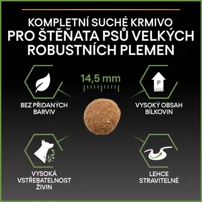 Kompletní suché krmivo pro štěňata psů velkých robustních plemen, průměr granule 14,5 mm, bez přidaných barviv, vysoký obsah bílkovin, vysoká vstřebatelnost živin, lehce stravitelné.