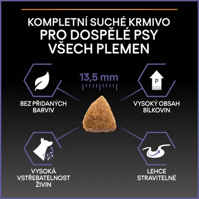 Kompletní suché krmivo pro dospělé psy všech plemen, granule 13,5 mm, bez přidaných barviv, vysoký obsah bílkovin, vysoká vstřebatelnost živin, lehce stravitelné.