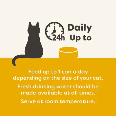 Tekst w języku angielskim: Daily up to 24h. Feed up to 1 can a day depending on the size of your cat. Fresh drinking water should be made available at all times. Serve at room temperature.