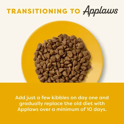 TRANSITIONING TO Applaws. Add just a few kibbles on day one and gradually replace the old diet with Applaws over a minimum of 10 days. Texto en inglés.