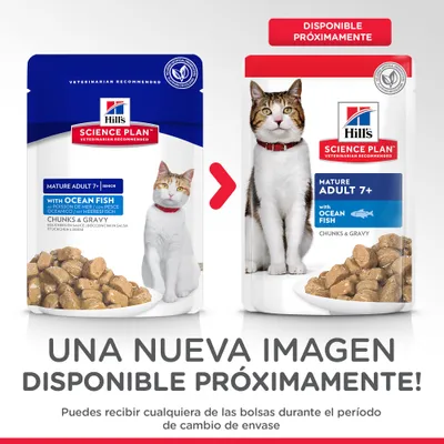 Hill's Science Plan Mature Adult 7+ with Ocean Fish Chunks & Gravy para gatos. Imagen de cambio de envase, disponible próximamente. Puede recibirse cualquiera de las dos bolsas.
