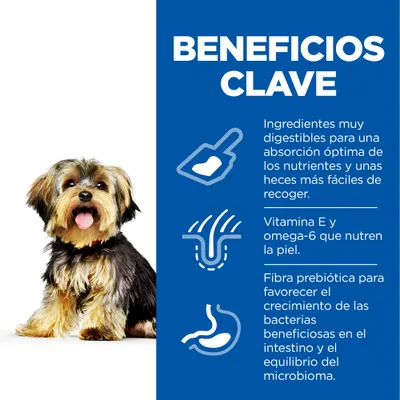 Beneficios clave: ingredientes muy digestibles, vitamina E y omega-6 para la piel, fibra prebiótica que favorece bacterias beneficiosas y el equilibrio del microbioma.