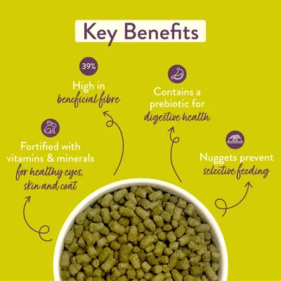Key benefits: 39% high in beneficial fibre, contains a prebiotic for digestive health, fortified with vitamins and minerals for healthy eyes, skin and coat, nuggets prevent selective feeding.