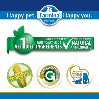 Farmina Pet Foods. VET 1st DIET, formulato senza ingredienti geneticamente modificati, conservato solo con antiossidanti naturali. No mais, low glycemic index, cruelty free research.