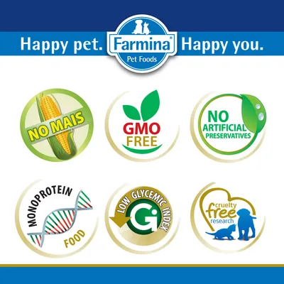 Farmina Pet Foods. NO MAIS, GMO FREE, NO ARTIFICIAL PRESERVATIVES, MONOPROTEIN FOOD, LOW GLYCEMIC INDEX, cruelty free research. Testo in inglese.
