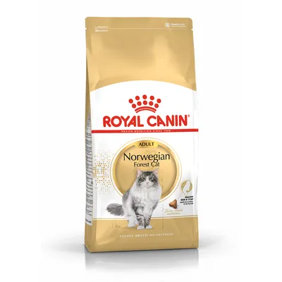 Royal Canin Adult Norwegian Forest Cat kattenvoer, afbeelding van Noorse boskat op de verpakking, tekst: 'Feline Breed Nutrition', zichtbaar brokvormpictogram.