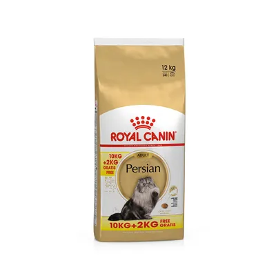 Royal Canin Persian Adult, 12 kg (10 kg + 2 kg gratis), slika mačke na pakiranju, vidljiv tekst: FREE GRATIS, LONG HAIR, 240 obroka, 10 tjedana.