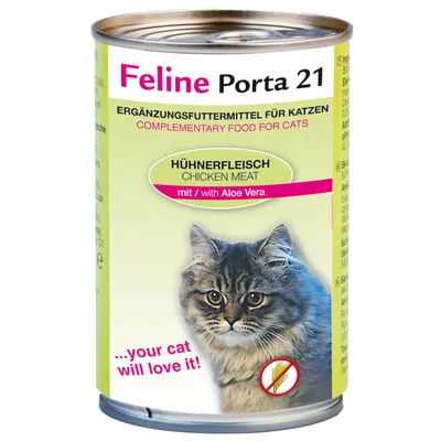 Feline Porta 21 kattemad, Hühnerfleisch Chicken Meat mit/with Aloe Vera, Ergänzungsfuttermittel für Katzen, Complementary Food for Cats, billede af kat, ...your cat will love it!