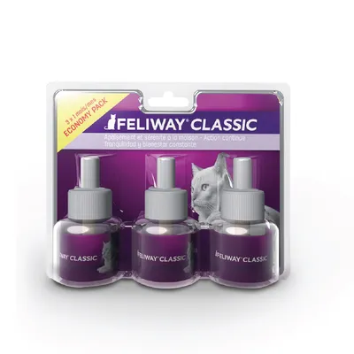 FELIWAY CLASSIC pack económico com 3 recargas. Texto visível: 'Tranquilidad y bienestar constante', 'Apaisement et sérénité à la maison – Action continue'. Imagem de um gato.
