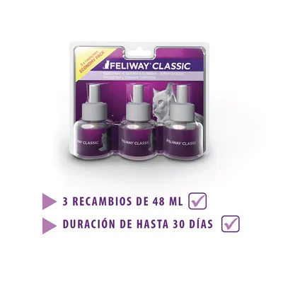 Feliway Classic, pack económico com 3 recargas de 48 ml. Texto visível: '3 recambios de 48 ml', 'duración de hasta 30 días'. Embalagem mostra três frascos.