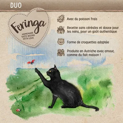 Feringa DUO, HOMEMADE TASTE BEGINS WITH LOVE. Avec du poisson frais, recette sans céréales douce pour les reins, forme de croquettes adaptée, produite en Autriche comme du fait maison.