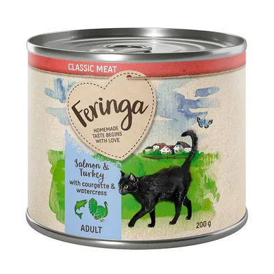 Feringa Classic Meat, lattina 200 g. Testo visibile: Homemade taste begins with love, Salmon & Turkey with courgette & watercress, Adult. Immagine di gatto nero su sfondo illustrato.