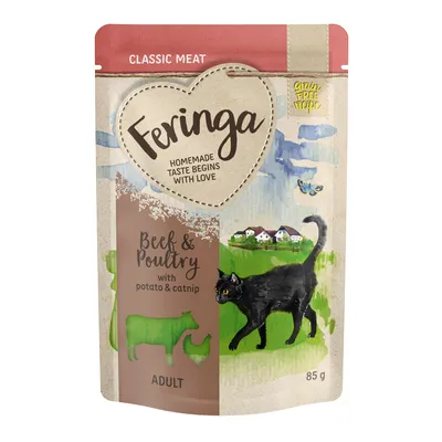 Feringa Classic Meat Adult, vită și pasăre cu cartof și mentă pentru pisici, rețetă fără cereale, 85 g. Ambalajul prezintă o pisică neagră și o scenă rurală.