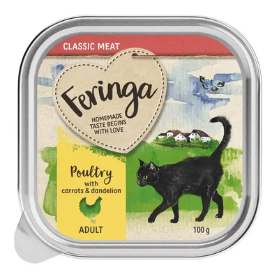 Barquette Feringa Classic Meat pour chat adulte, 100 g, saveur volaille avec carottes et pissenlit. Texte visible : Homemade taste begins with love. Illustration de chat noir.