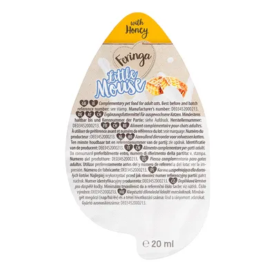 Feringa Little Mouse kompletteringsfoder för vuxna katter med honung. Bäst före och batchnummer se tryck. Innehåll: 20 ml.