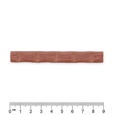 Roter Snack-Stick mit fünf Einkerbungen, Länge ca. 9 cm laut Maßstab unten im Bild.