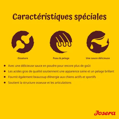 Caractéristiques spéciales : Ossature, Peau & pelage, Une sauce délicieuse. Avec une délicieuse sauce en poudre, acides gras de qualité, énergie pour chiens actifs, soutien os et articulations. Josera.