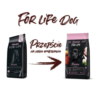 Ancien et nouveau packaging de croquettes Fitmin For Life Puppy, texte en polonais « Przejście na nowe opakowanie » indiquant le changement d’emballage.