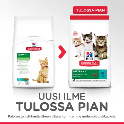 Hill's Science Plan Kitten <1 -kuivaruokapakkausten ulkoasu muuttuu. Uusi ilme tulossa pian. Siirtymävaiheessa toimitetaan molempia pakkauksia.