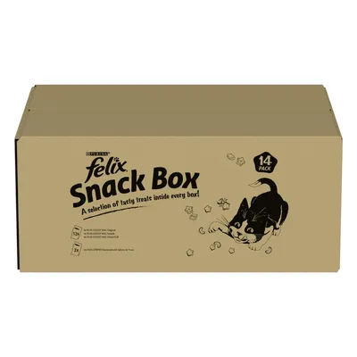Felix Snack Box, 14 pack. A selection of tasty treats inside every box. Includes Goody Bag Original, Mixed Grill, Seaside, and Crispies with Salmon & Trout.