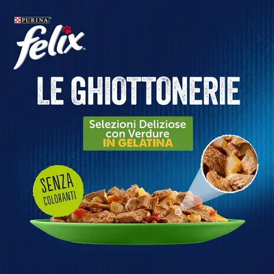 Purina Felix Le Ghiottonerie, Selezioni Deliziose con Verdure in Gelatina, senza coloranti. Immagine di bocconcini su piatto verde.