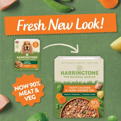 Product packaging update showing new Harringtons Tasty Chicken & Farm-Grown Veg for adult dogs, now with 90% meat and veg. Freshly-prepared, grain free.