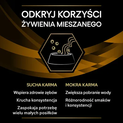 Odkryj korzyści żywienia mieszanego. Sucha karma: wspiera zdrowie zębów, krucha konsystencja, wiele małych posiłków. Mokra karma: zwiększa pobranie wody, różnorodność smaków i konsystencji.