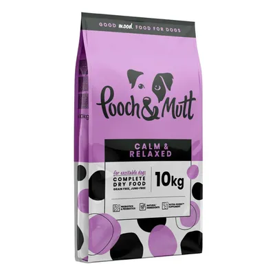 Pooch & Mutt Calm & Relaxed complete dry food, 10kg bag, for excitable dogs. Grain free, junk-free, with prebiotics, probiotics, natural ingredients and Nutra-Bionic supplement.