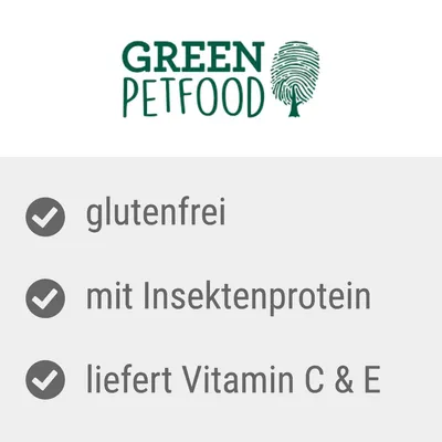 Green Petfood. Glutenfrei, mit Insektenprotein, liefert Vitamin C & E.