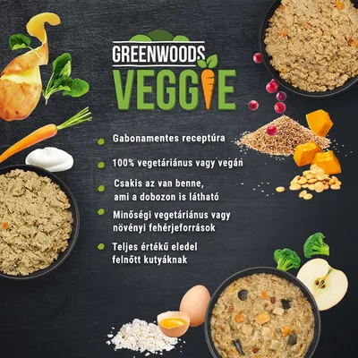 GREENWOODS VEGGIE. Gabonamentes receptúra, 100% vegetáriánus vagy vegán, csakis az van benne, ami a dobozon is látható, minőségi növényi fehérjeforrások, teljes értékű eledel felnőtt kutyáknak.