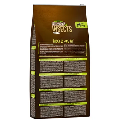 Greenwoods Insects Adult Dog. Trockenfutter mit Insektenprotein für erwachsene Hunde. Verpackung zeigt Produktbeschreibung und Inhaltsstoffe.