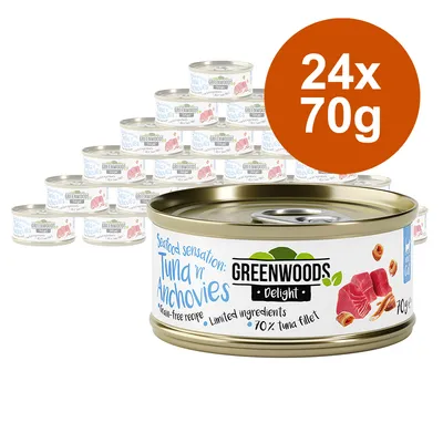 Greenwoods Delight hrana za mačke, Seafood Sensation: tuna in sardele, brez žit, 70% tuninega fileja, paket 24 pločevink po 70 g.